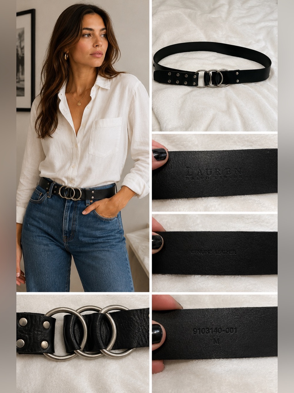 Lauren Ralph Lauren Genuine Leather Black Triple Ring Belt Med 90s Minimalist‎